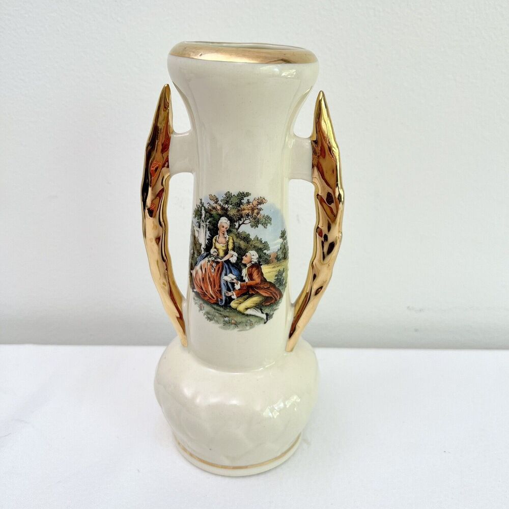 Vintage Abingdon Vase Gold Leaf Handles & Victorian Theme Artwork Home decor EUC